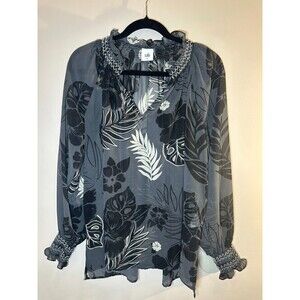 CABI Women’s Tropical Aloha Peasant Blouse in Black-Size Medium